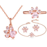 ROXI Bear Paw Cat Claw Jewelry Sets for Women Rose Gold Rings Stud Earrings Necklace Bracelet Wedding Pink Crystal CZ Love Gifts